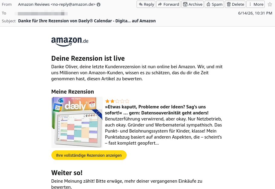 Screenshot der Emailbenachrichtigung über meine Aktualisierung der Rezension vom 2026-06-14