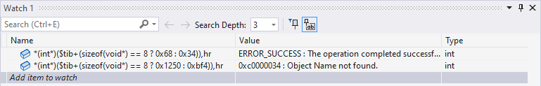 Watch window inside Visual Studio showing TEB::LastErrorValue and TEB::LastStatusValue without loaded/available debug symbols