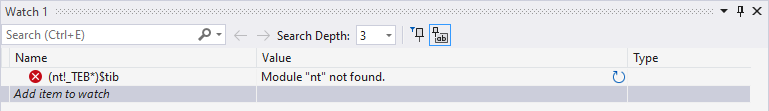 Watch window inside Visual Studio showing module not found error
